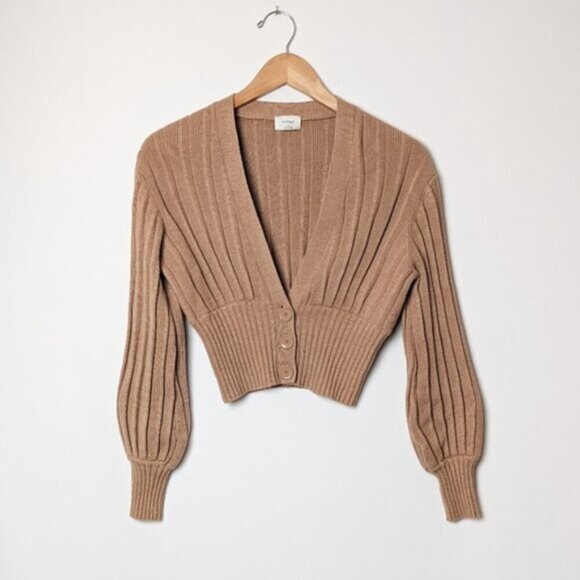 WILFRED Plunge Front Cardigan Wool Sweater Tan Brown xxs ARITZIA - Picture 8 of 14